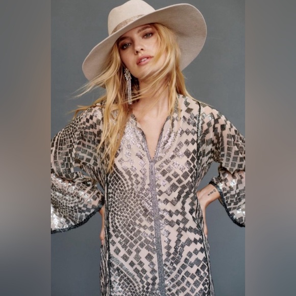 NWT | Free People x Anna Sui Sequin Embroidered Silver Front Slit Maxi Dress XS - Picture 2 of 15